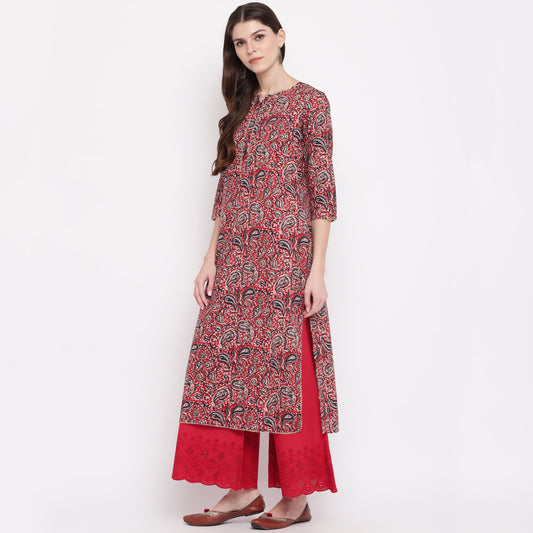 NOZ2TOZ Women's Red Kalamkari Print Cotton Kurta- (1pc set) - Swadesiicart