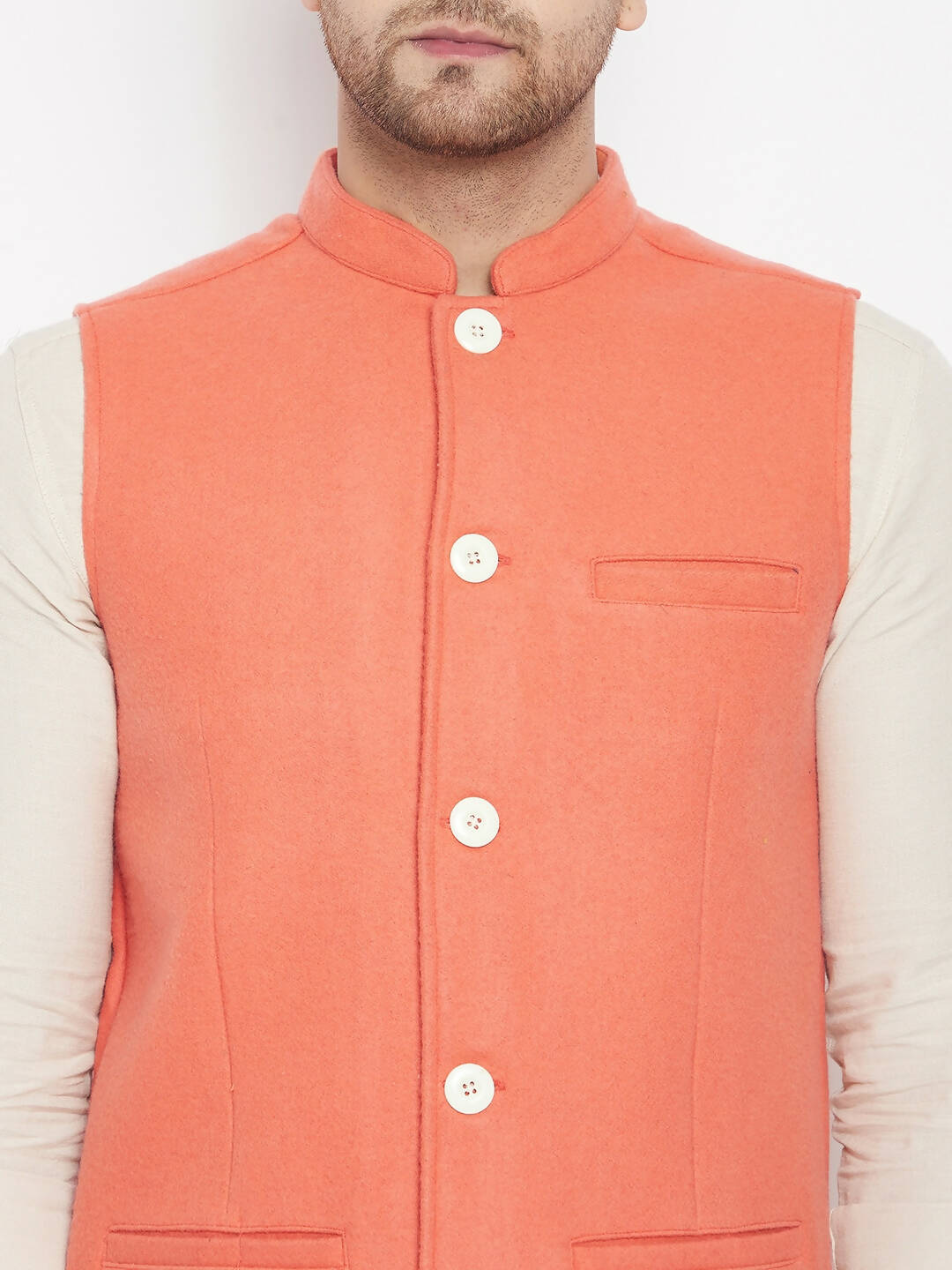 Even Apparels Orange Wool Men Woven Nehru Jacket | Swadesiicart