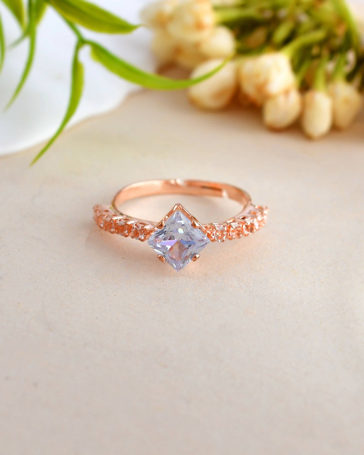 VOJ white CZ-detail Stainless Steel Cubic Zirconia Gold-Polished adjustable finger Ring | Swadesiicart