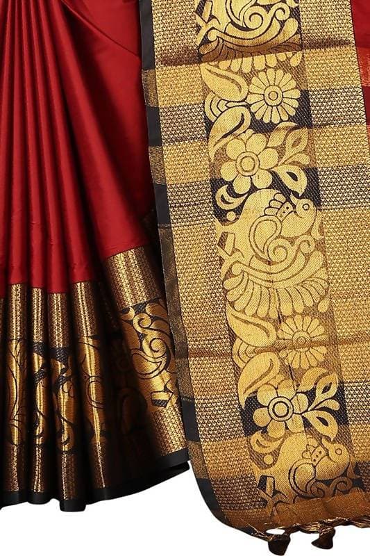 Vamika Banarasi Cotton Silk Weaving Red Saree (DOCTOR MOR RED) | Swadesiicart
