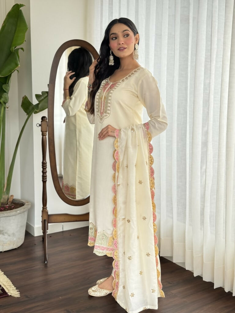 Cream Viscose chanderi Stitched Suit With Dupatta - Tanisha | Swadesiicart