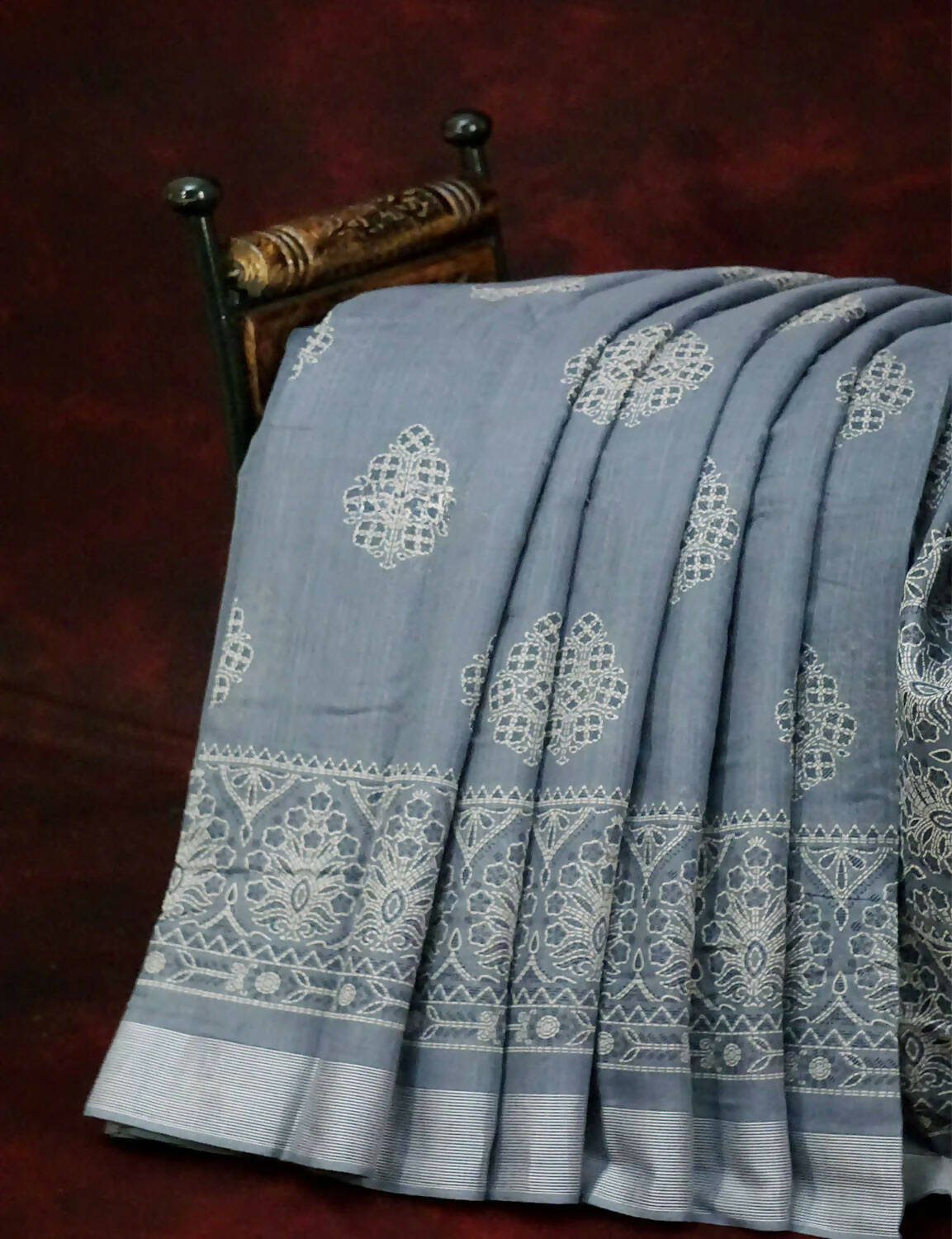 Powder Grey Coloured Block Print Semi Chanderi Saree By Gayathri Reddy Designer Studio | Swadesiicart