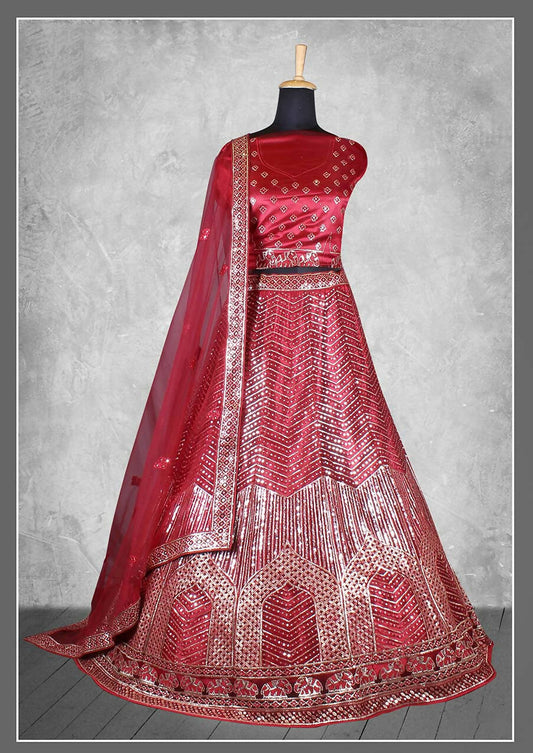 Red Satin Silk Cord and sequins Floral embroidery Bridal lahenga Choli with Dupatta - Nimaya Pavitra Rista | Swadesiicart