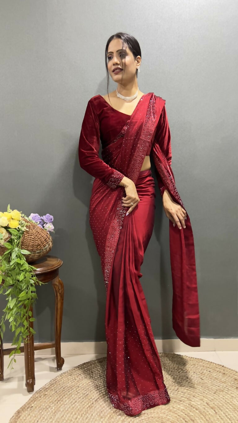 Vastranavya Maroon Rangoli Silk Swarovski work Ready to Wear Saree | Swadesiicart