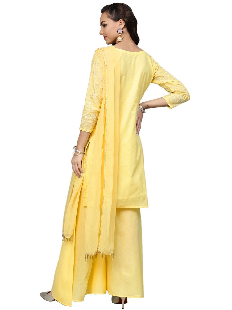 Ahalyaa Women's Cotton Blend Yellow Glitter Print Kurta Sharara Set With Dupatta | Swadesiicart