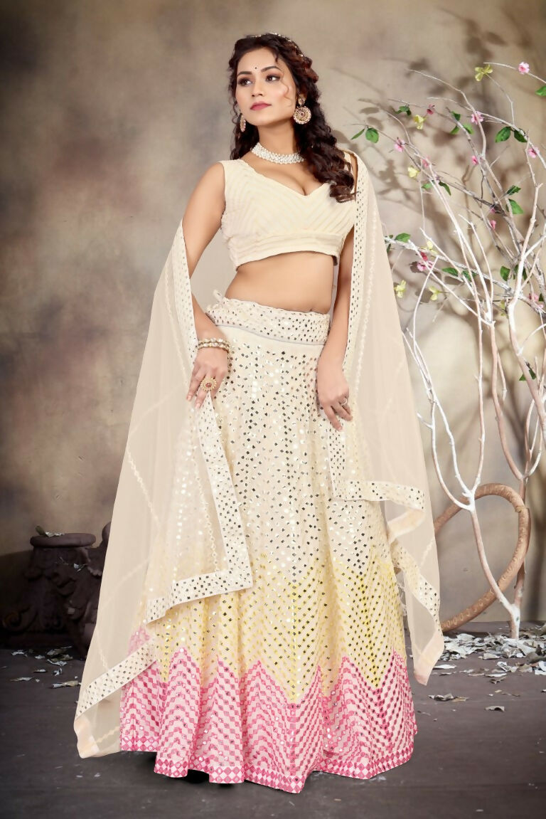 Jyoti Fashion Butter Cream Sequence with Thread Zari Embroidery Georgette Lehenga Choli with Dupatta | Swadesiicart
