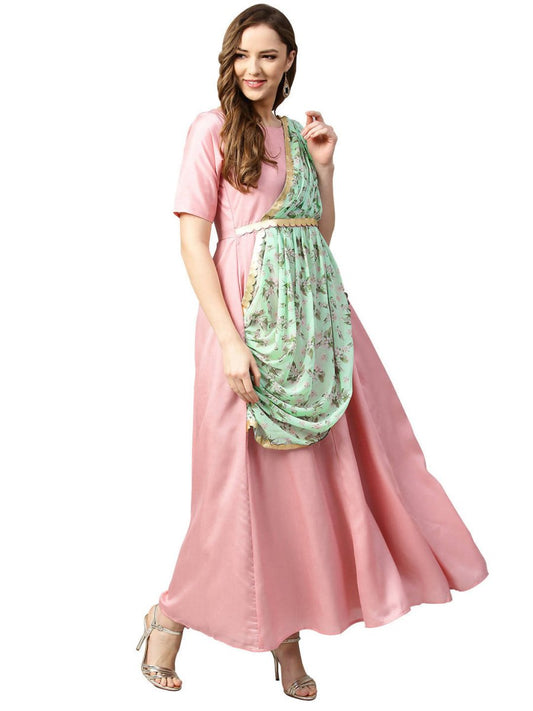 Ahalyaa Pink & Green Solid Maxi Dress with Attached Dupatta | Swadesiicart
