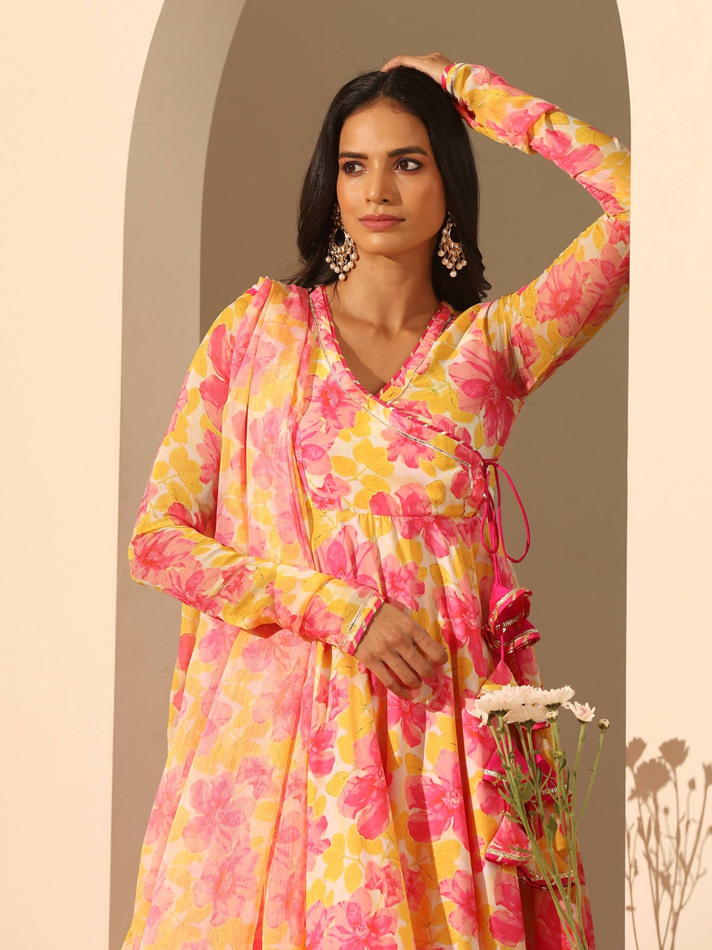 Pomcha Jaipur Yellow Gul Rangrez Angrakha Set | Swadesiicart