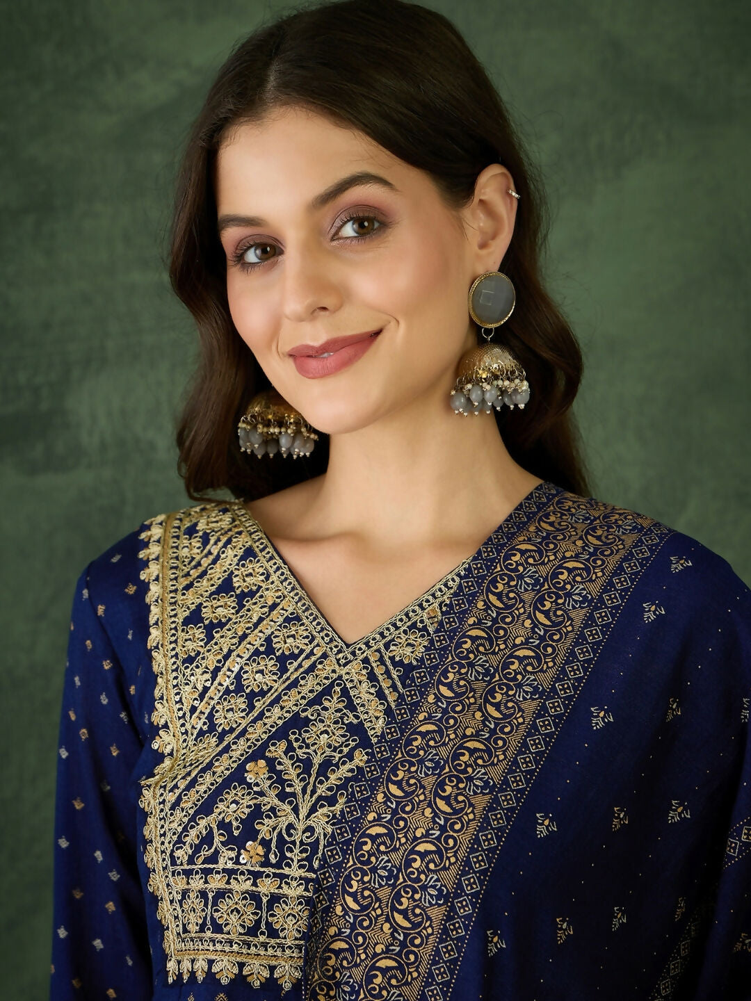 The52 Blue Women's Gorgeous Embroidered Work Vichitra Silk Fabric Flared Kurta Pant and Dupatta Set - Swadesiicart