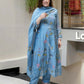 The52 Blue Women's Beautiful Cotton Fabric Thread Work Straight Kurta, Pant and Dupatta Set - Swadesiicart