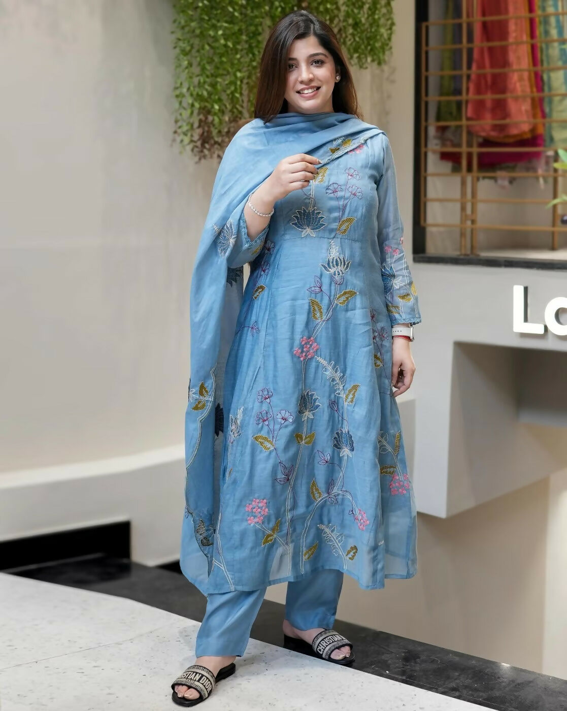 The52 Blue Women's Beautiful Cotton Fabric Thread Work Straight Kurta, Pant and Dupatta Set - Swadesiicart