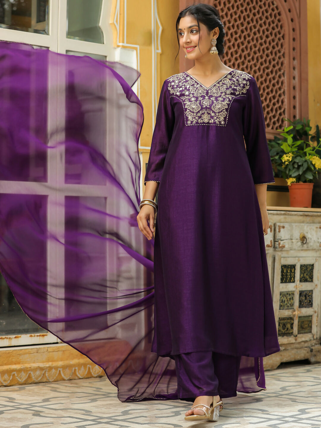 Janasya Purple Silk Blend Yoke Embroidery Kurta,Bottom & Dupatta | Swadesiicart