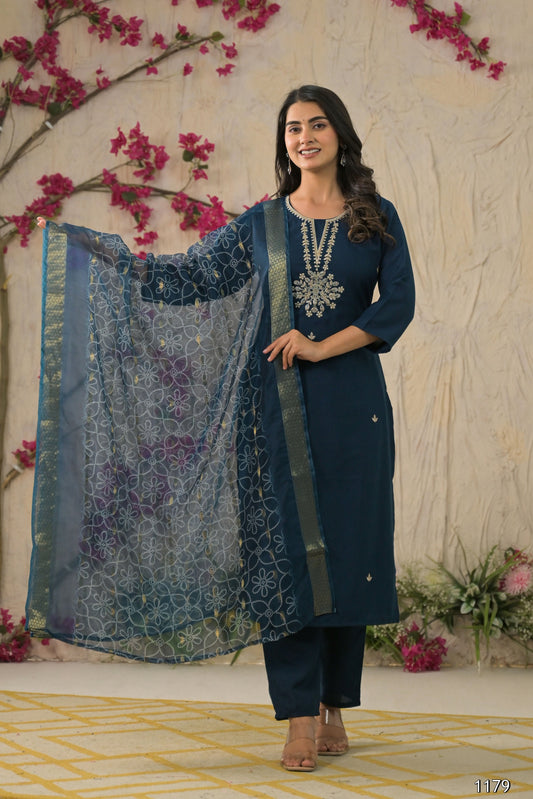 Ethnic Festive Wear Reyon Petrol Stitched Suit With Dupatta - Tanisha | Swadesiicart