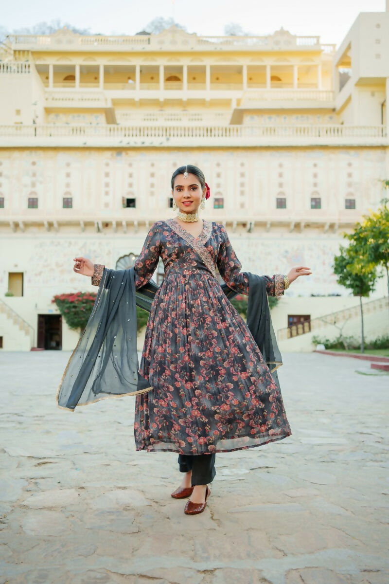 Vaasva Black Chinon Floral Embroidered Angrakha, Pant & Dupatta set | Swadesiicart