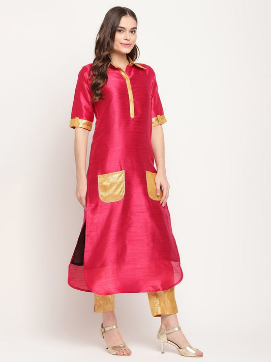 Ahalyaa Women's Dark Pink Poly Silk Kurta Trouser Set | Swadesiicart