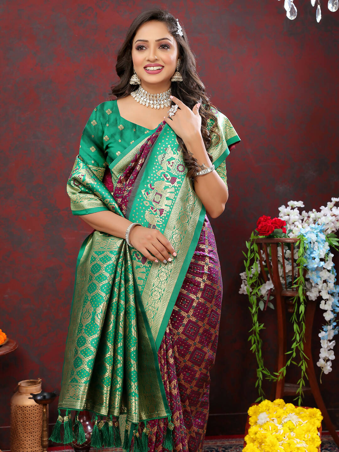 Lorenvalley Fashion Wine & Green Patola Silk Woven Design Meenakari Weaving Saree - Swadesiicart