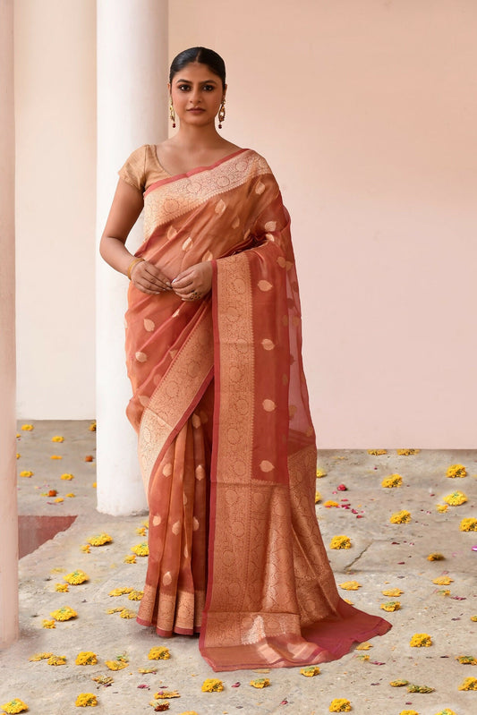 Joban Fashion Rose Gold Banarasi Tissue Pure Handloom Banarasi Silk Saree | Swadesiicart