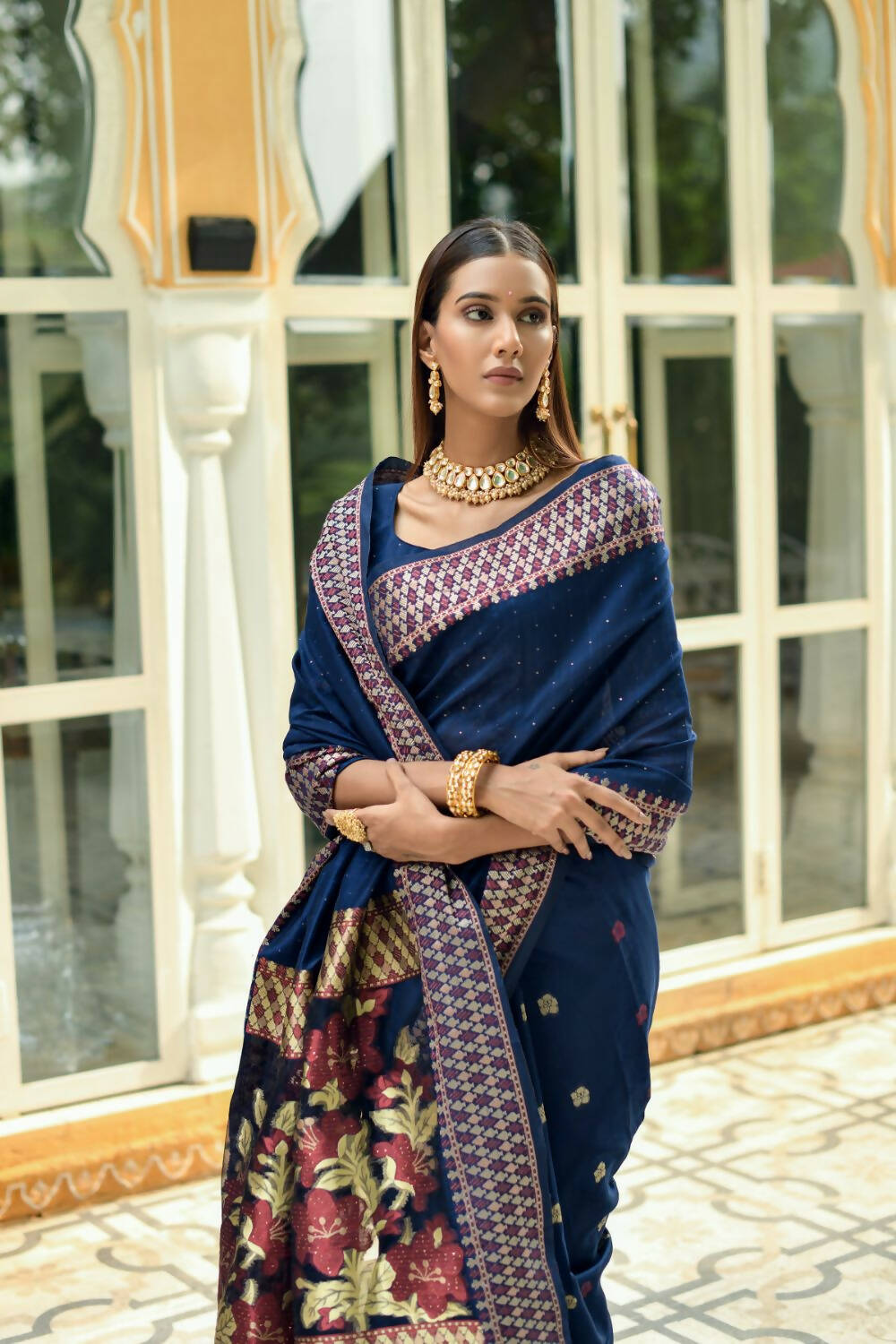 Vishnu Weaves Women's Blue Cotton Silk Zari Woven Butta Work Saree with Blouse - Swadesiicart
