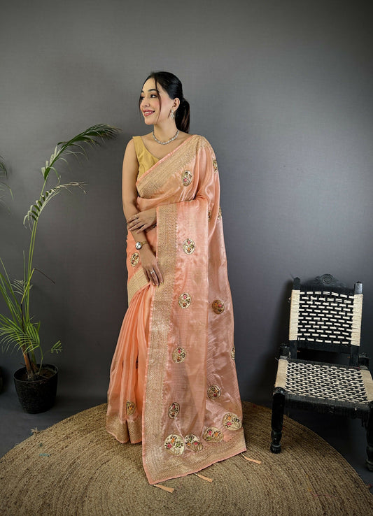Joban Fashion Peach Handloom Banarasi Organza Silk Khatali Butta Work Saree | Swadesiicart