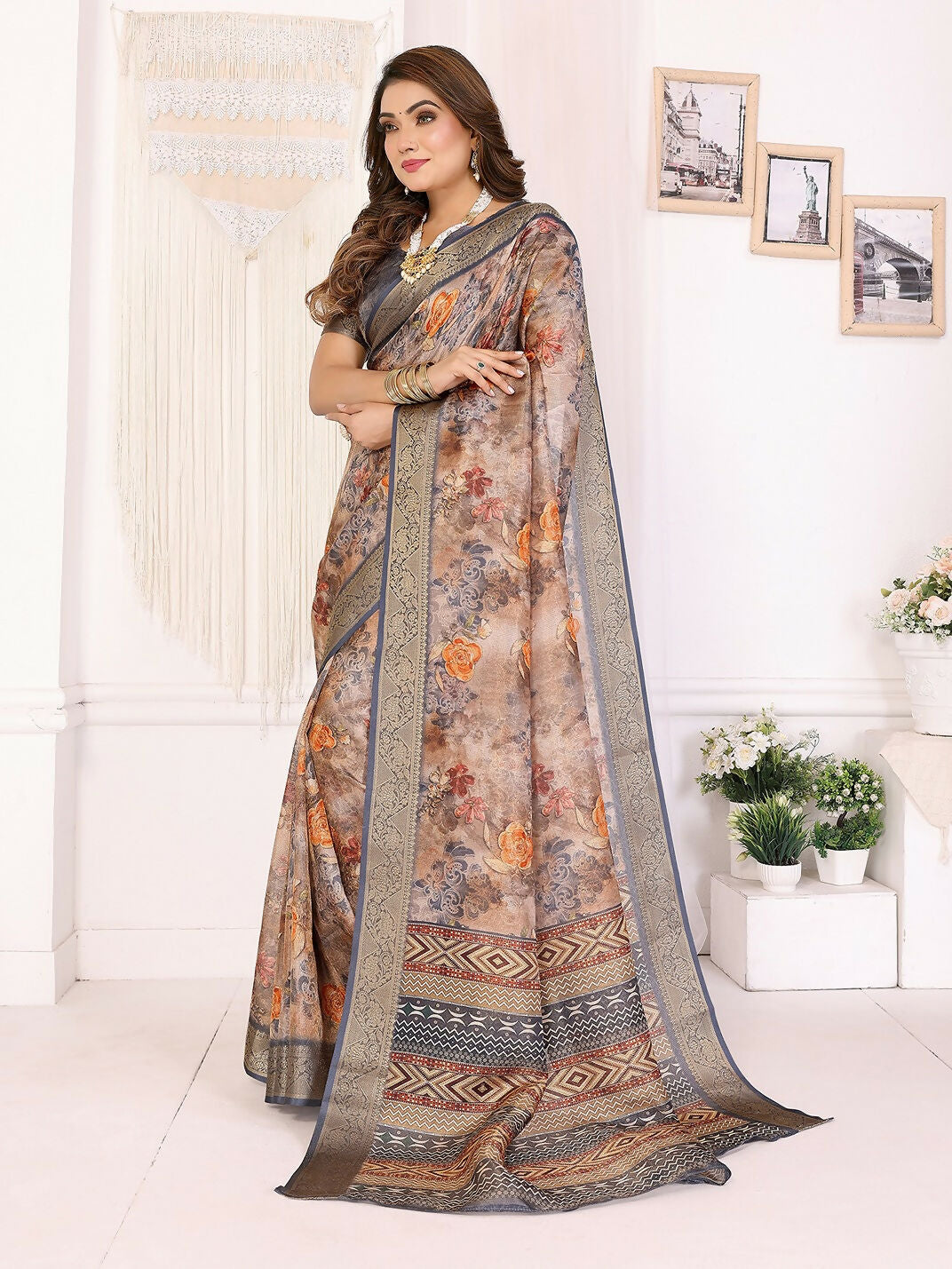Joban Fashion Grey Floral Print pattern Banarasi Silk Sarees | Swadesiicart