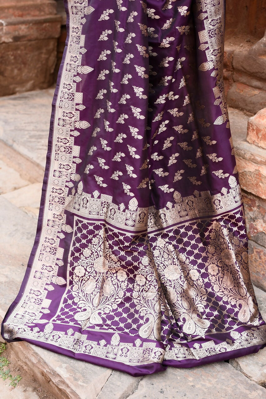 Joban Fashion Plum Purple Hand Woven & Zari Work Katan Pure Handloom Banarasi Silk Saree | Swadesiicart