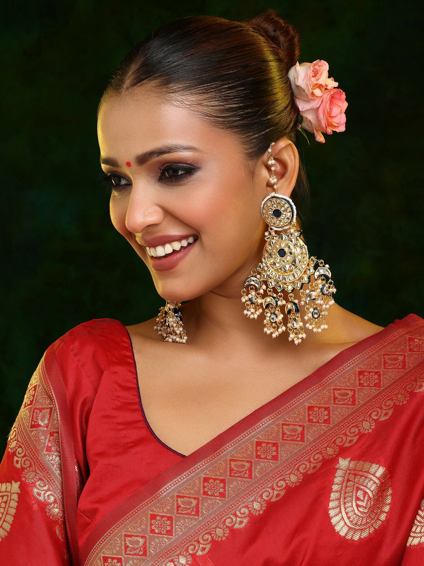 Ruby Raang 22k Gold Polished Kundan Chand Earrings With Ear Chains | Swadesiicart