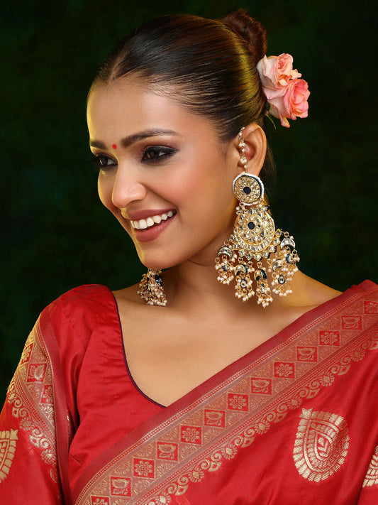 Ruby Raang 22k Gold Polished Kundan Chand Earrings With Ear Chains | Swadesiicart