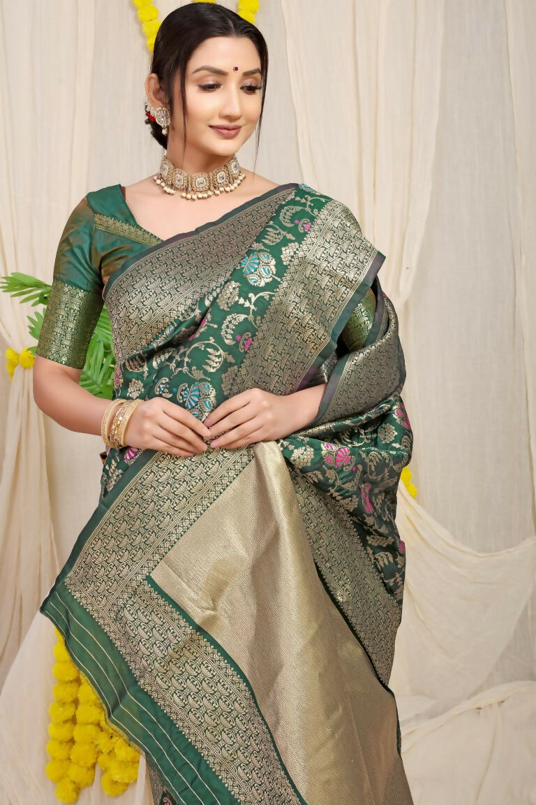 Jyoti Fashion Women's Bottle Green Kanjivaram Silk Zari Woven Saree with Blouse | Swadesiicart