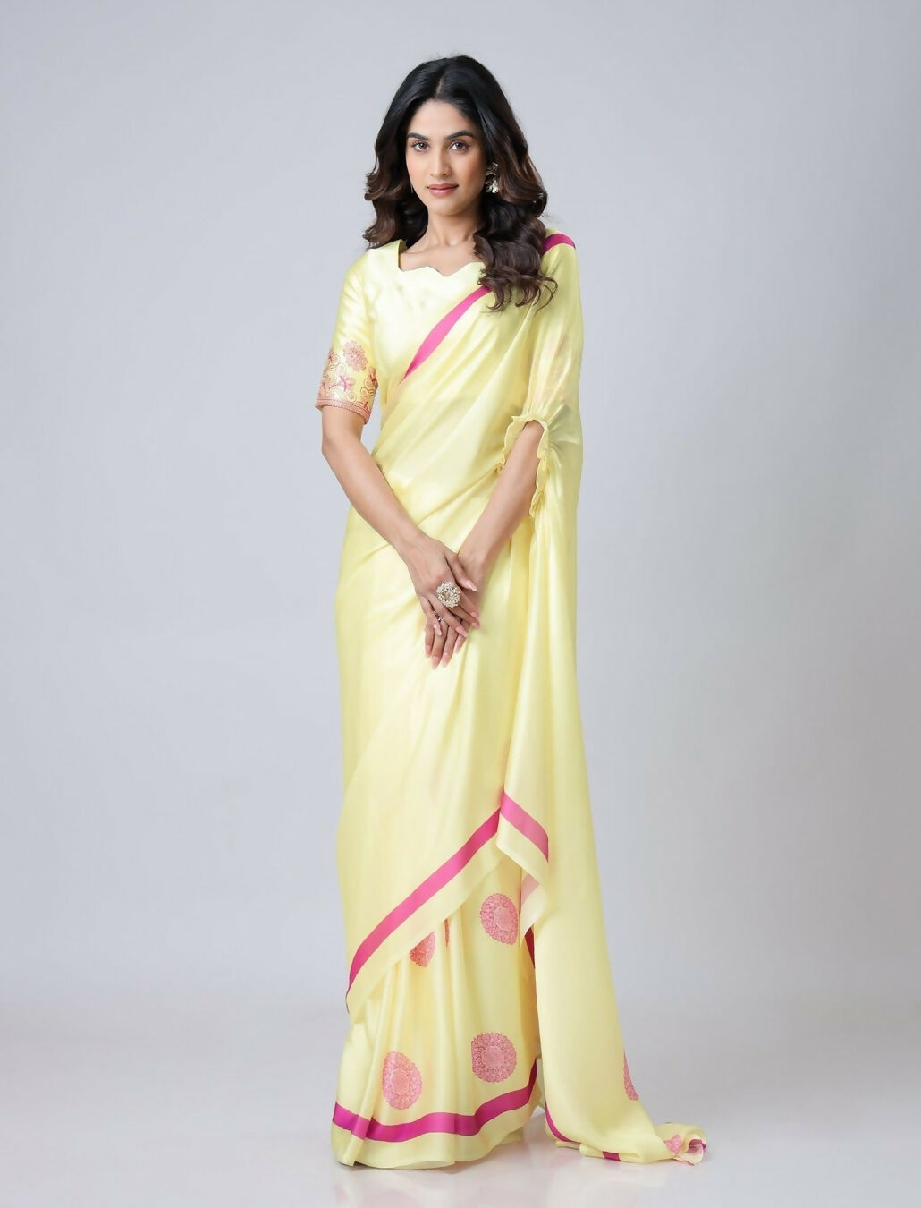 Vastranavya Yellow Mandala Print Free Hand Ready to Wear Saree | Swadesiicart