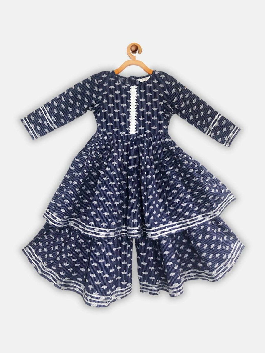 Ahalyaa Navy Pure Cotton Digital Printed Kids Kurta Sharara Set For Girls | Swadesiicart