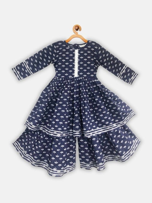 Ahalyaa Navy Pure Cotton Digital Printed Kids Kurta Sharara Set For Girls | Swadesiicart