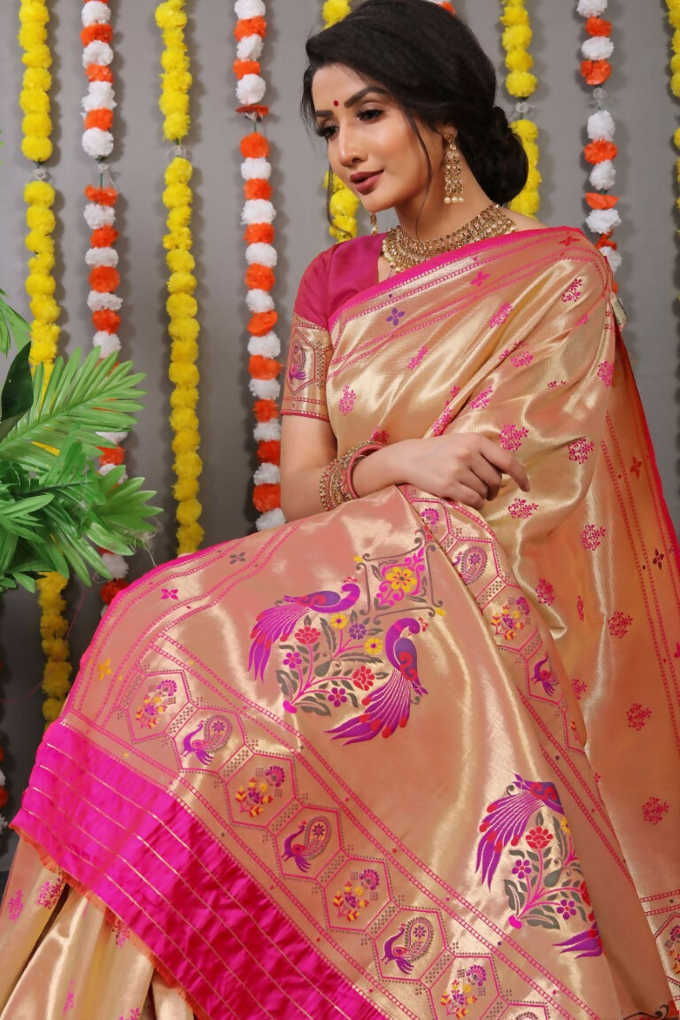 Jyoti Fashion Women's Rani Pink Paithani Silk Zari Woven Saree with Blouse | Swadesiicart