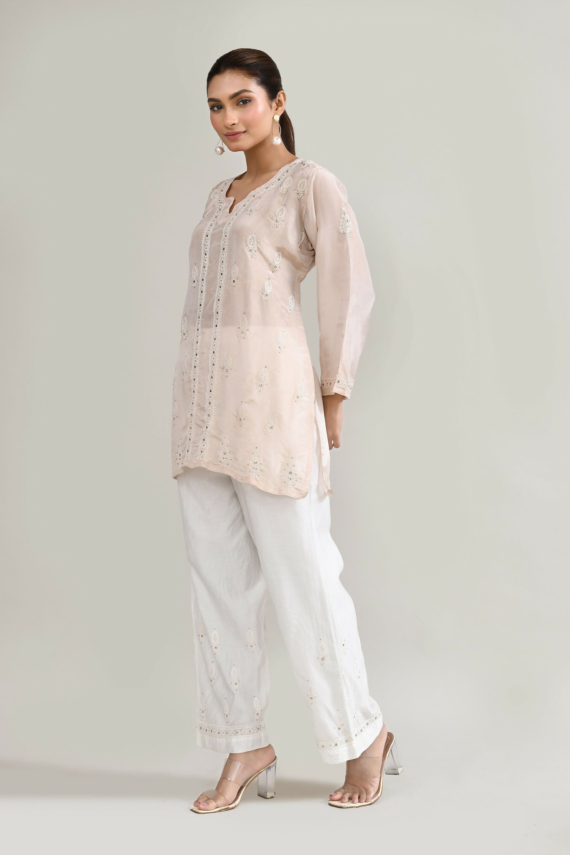 Joban Fashion Womens Cotton ChikanKari Baby Pink Cord set - Swadesiicart