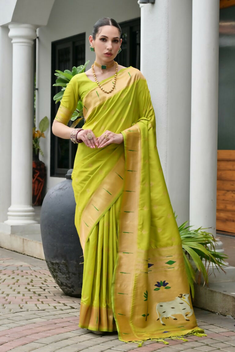Vishnu Weaves Women's Mahendi Paithani Silk Zari Woven Saree with Blouse - Swadesiicart