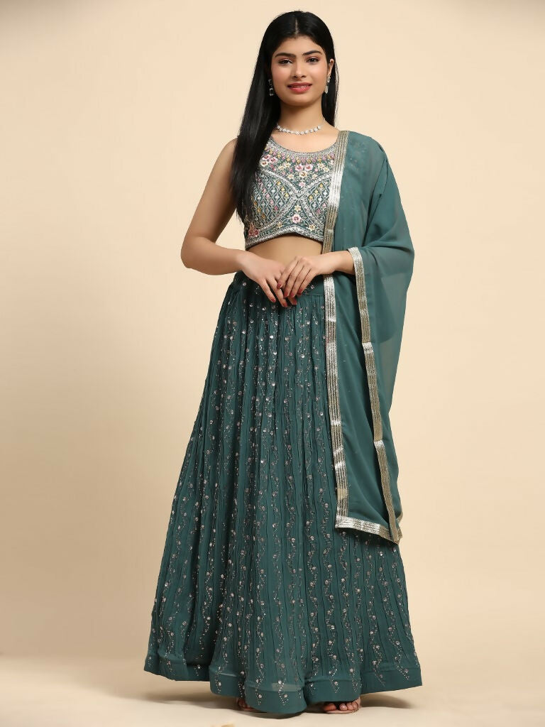 Green Georgette Embroidered Lehenga choli with Dupatta - Dhara | Swadesiicart