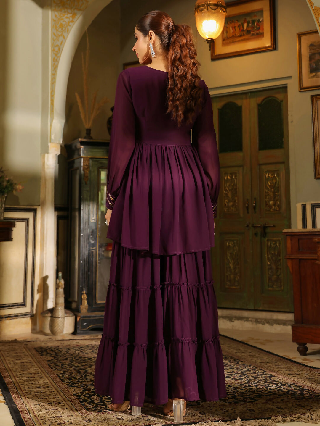 Janasya Purple Georgette Sequined Tunic & Bottom | Swadesiicart