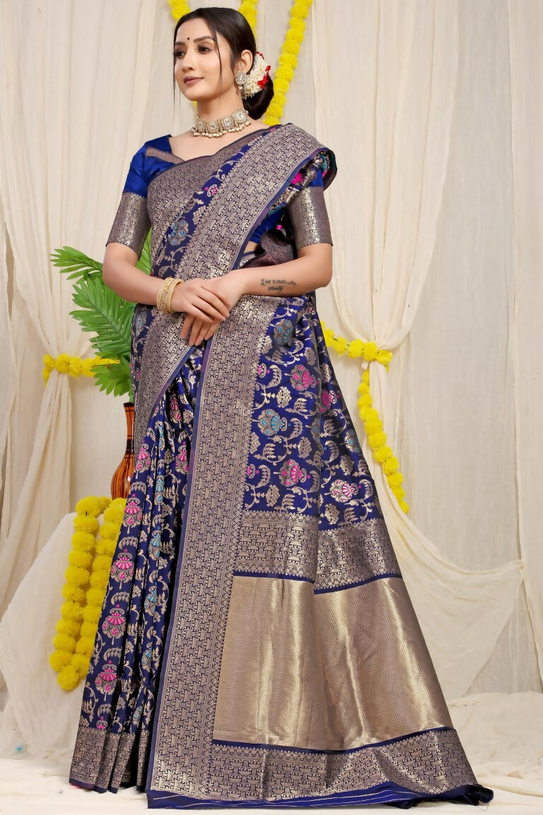 Jyoti Fashion Women's Navy Blue Kanjivaram Silk Zari Woven Saree with Blouse | Swadesiicart