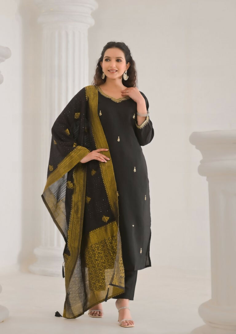 Ethnic Festive Wear Viscose Chanderi Black Stitched Suit With Dupatta - Tanisha | Swadesiicart