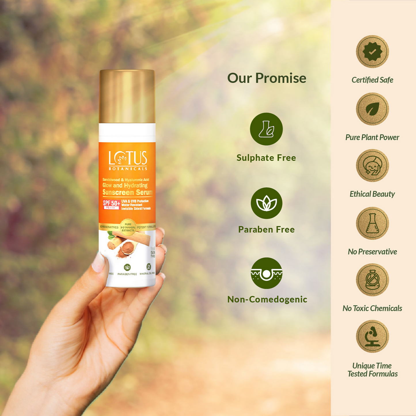 Lotus Botanicals Sandalwood & Hyaluronic Acid Glow and Hydrating Sunscreen Serum, SPF 50+, PA+++ | Swadesiicart