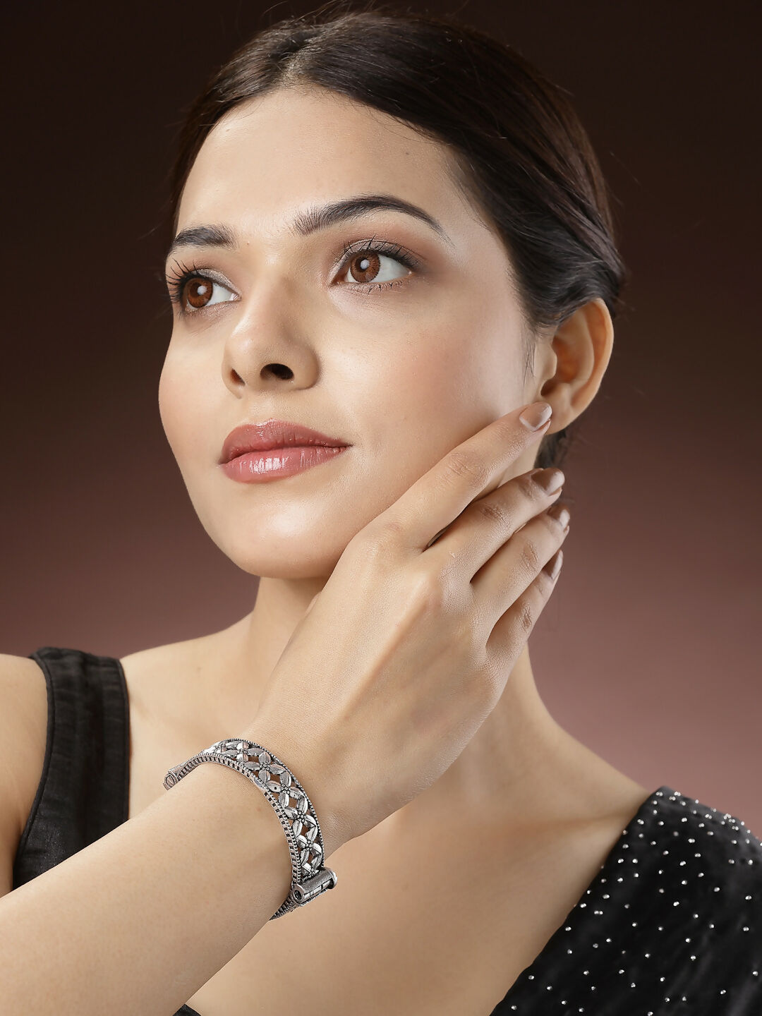 NVR Women's Silver-Toned German Silver Oxidised Kada Bangle - Swadesiicart