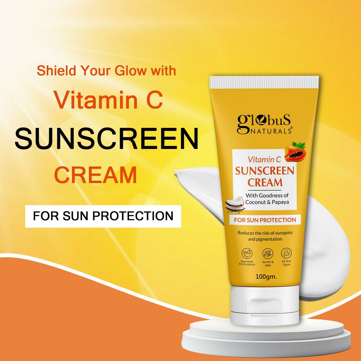 Globus Naturals Vitamin C Sunscreen Cream with Goodness of Coconut & Papaya For Sun Protection All Skin Types | Swadesiicart