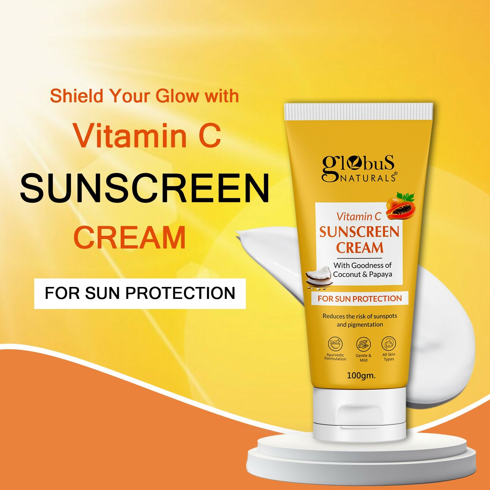 Globus Naturals Vitamin C Sunscreen Cream with Goodness of Coconut & Papaya For Sun Protection All Skin Types | Swadesiicart