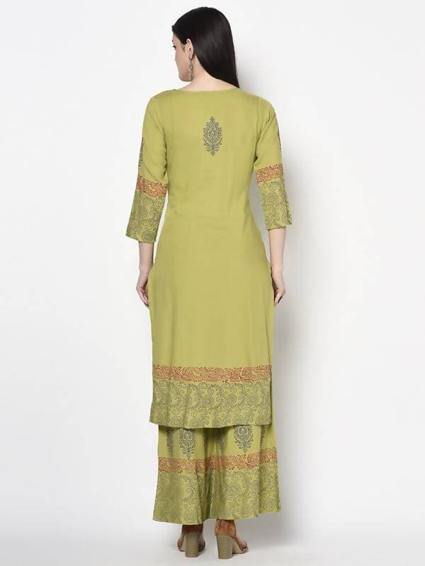 Aniyah Rayon Parrot Green Color Block Print Straight Kurta (AN-198K) - Swadesiicart