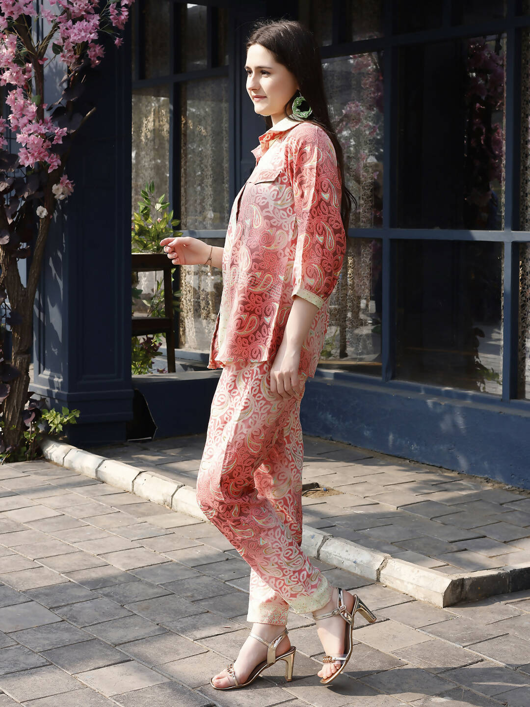 Red & Cream Rayon Paisley Printed Top with Matching Bottom - Eesha - Swadesiicart