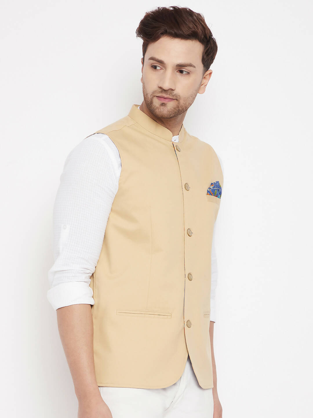Even Apparels Beige Polyester Men's Nehru Jacket-Contrast Lining-Inbuilt Pocket Square | Swadesiicart