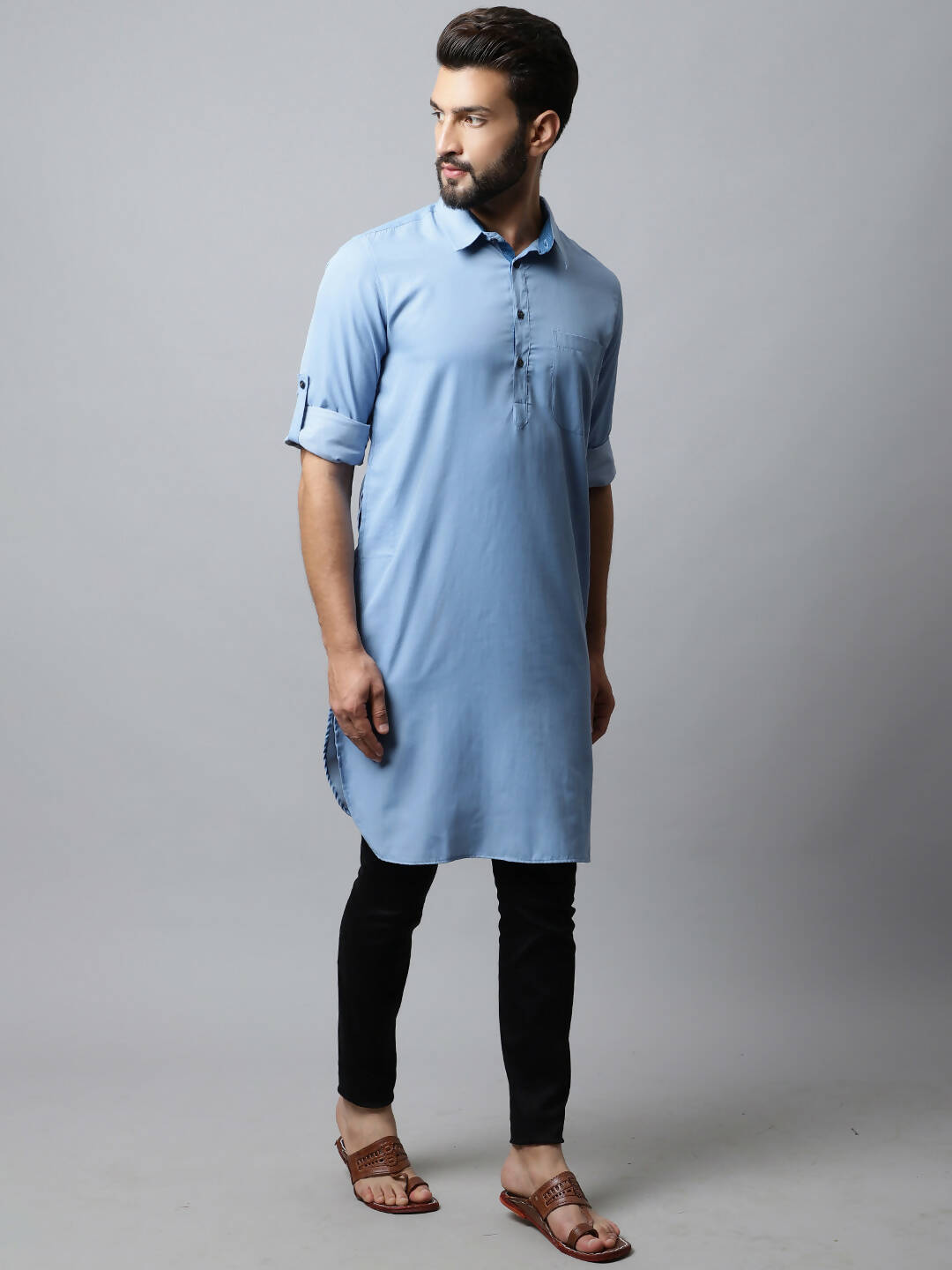 Even Apparels sky Blue Color Pure Cotton Solid Men's Kurta With Shirt Collar (MMS503) | Swadesiicart