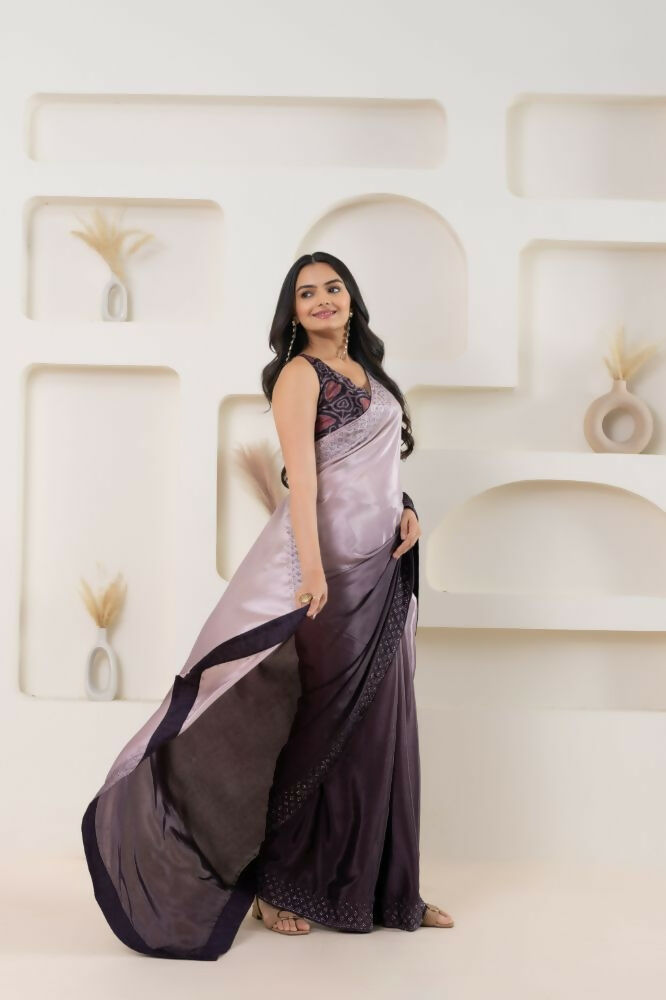 Wine Satin Pedding Designer, Printed Party Wear Ready To Wear Saree - Femina | Swadesiicart