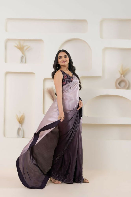 Wine Satin Pedding Designer, Printed Party Wear Ready To Wear Saree - Femina | Swadesiicart