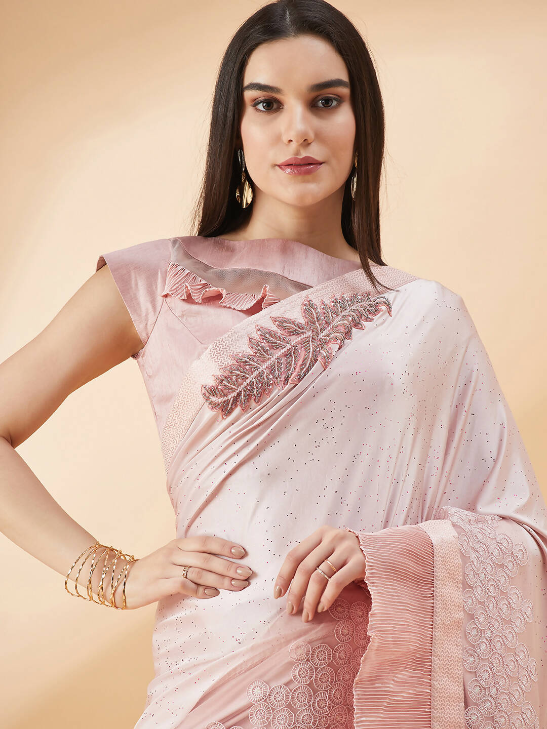 Pink Lycra Frill Details, Hand Embroidered Brooch Saree - Norita Hit Design - Swadesiicart