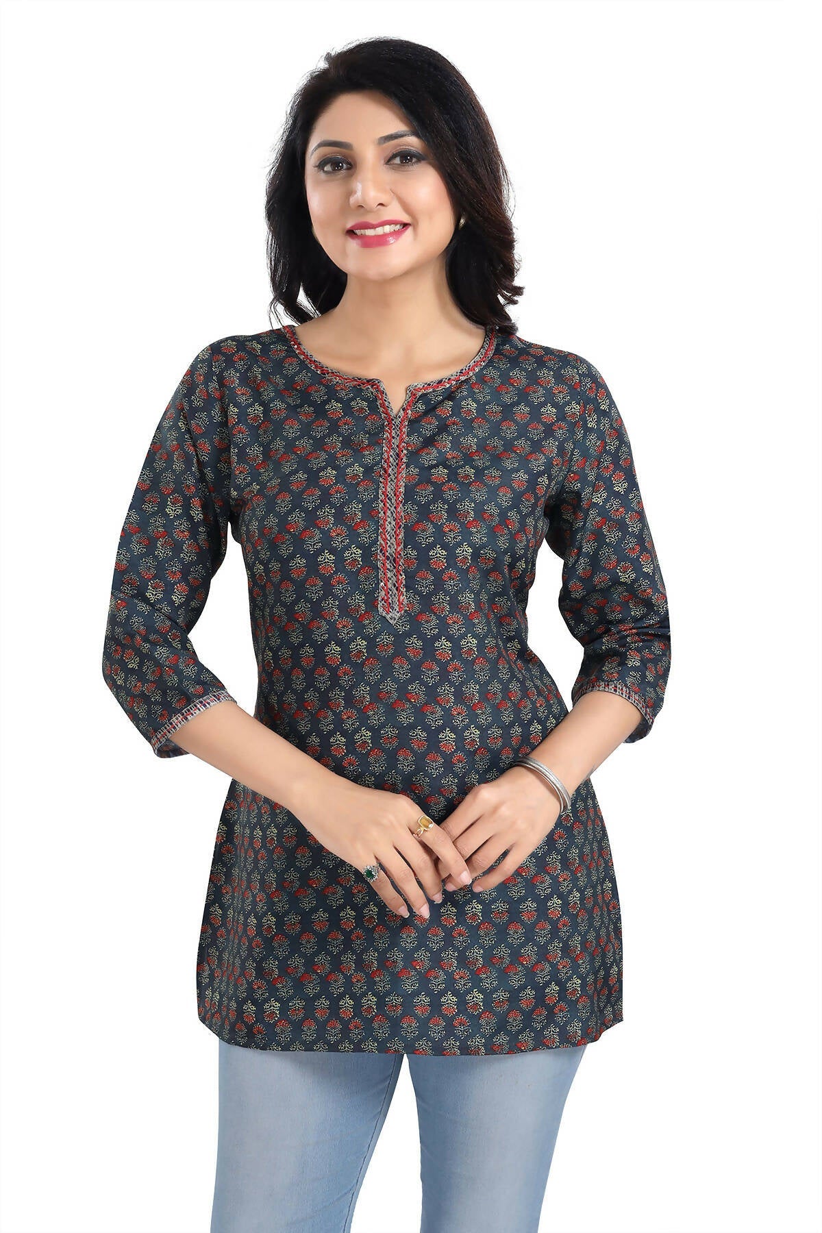 Snehal Creations Novel Navy Blue Rayon Short Kurti Tunic Top - Swadesiicart